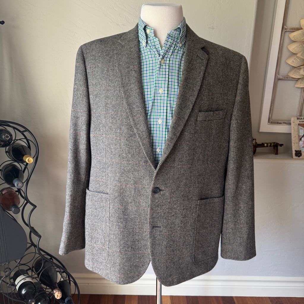 Joe Joseph Abboud Jacket Mens Gray Herringbone Wool Brown Blazer Elbow Patch 48r